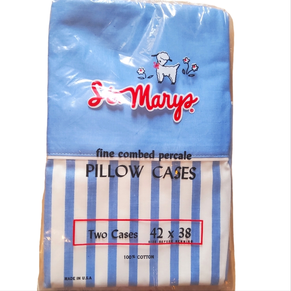 Pillowcases Set Of Blue & White Stripe Vintage NEW IN PACKAGE St Mary's
